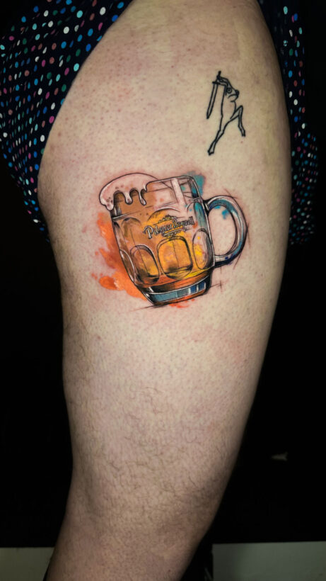 watercolor beer tattoo pilsner sketchy style – Studio 67 Prague walk-in friendly tattoo